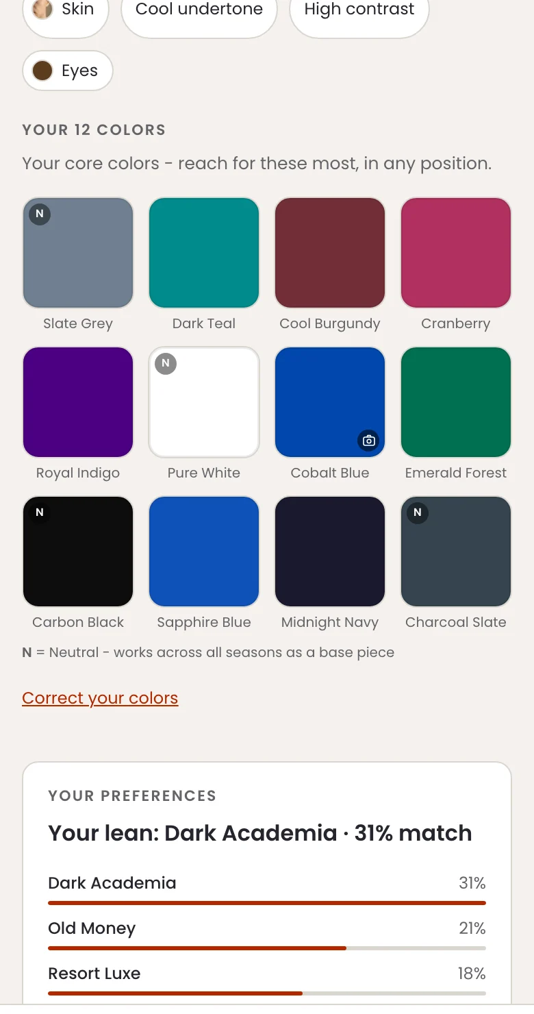 DRESSO Bright Winter color report showing the full 12-color personal palette