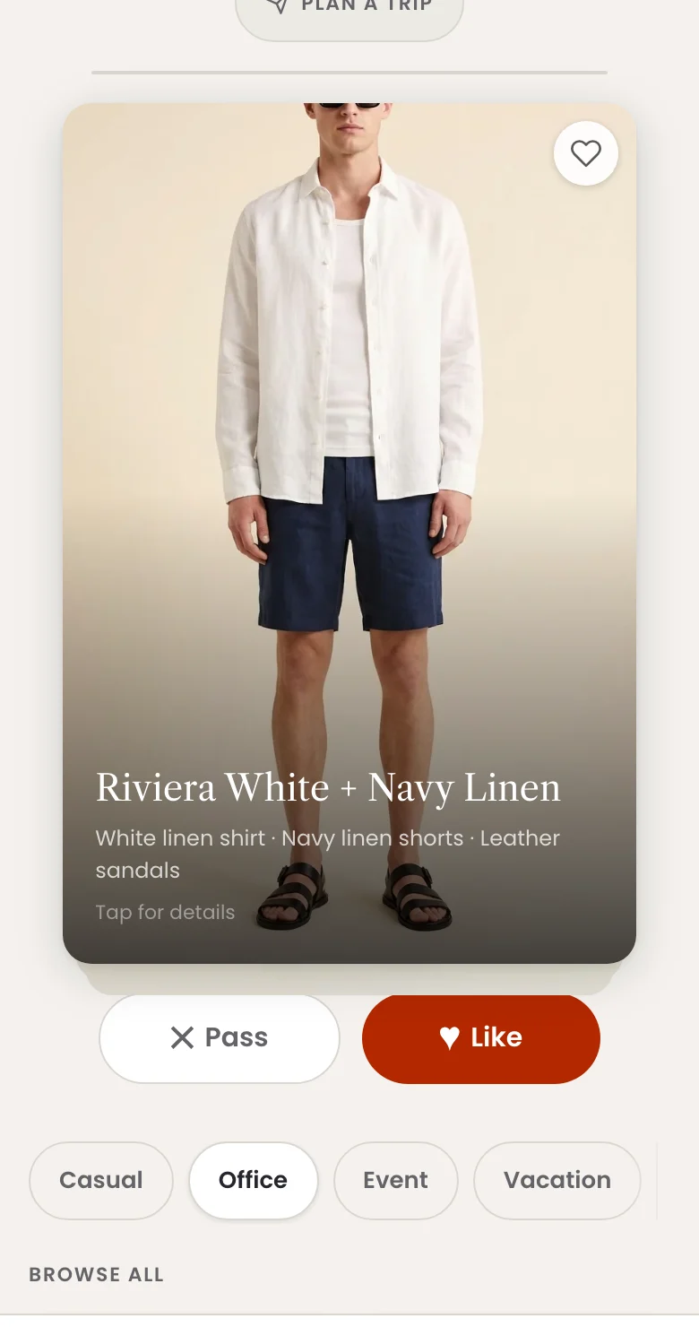 DRESSO daily outfit pick, the Italian Riviera look: white linen shirt, navy shorts, leather sandals, with save and skip buttons