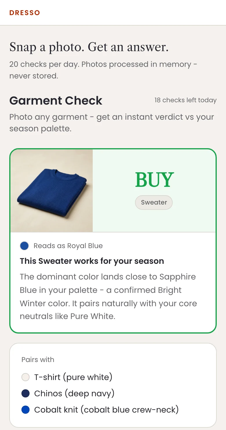 DRESSO garment check verdict: BUY, with the reason and matching pieces from your palette