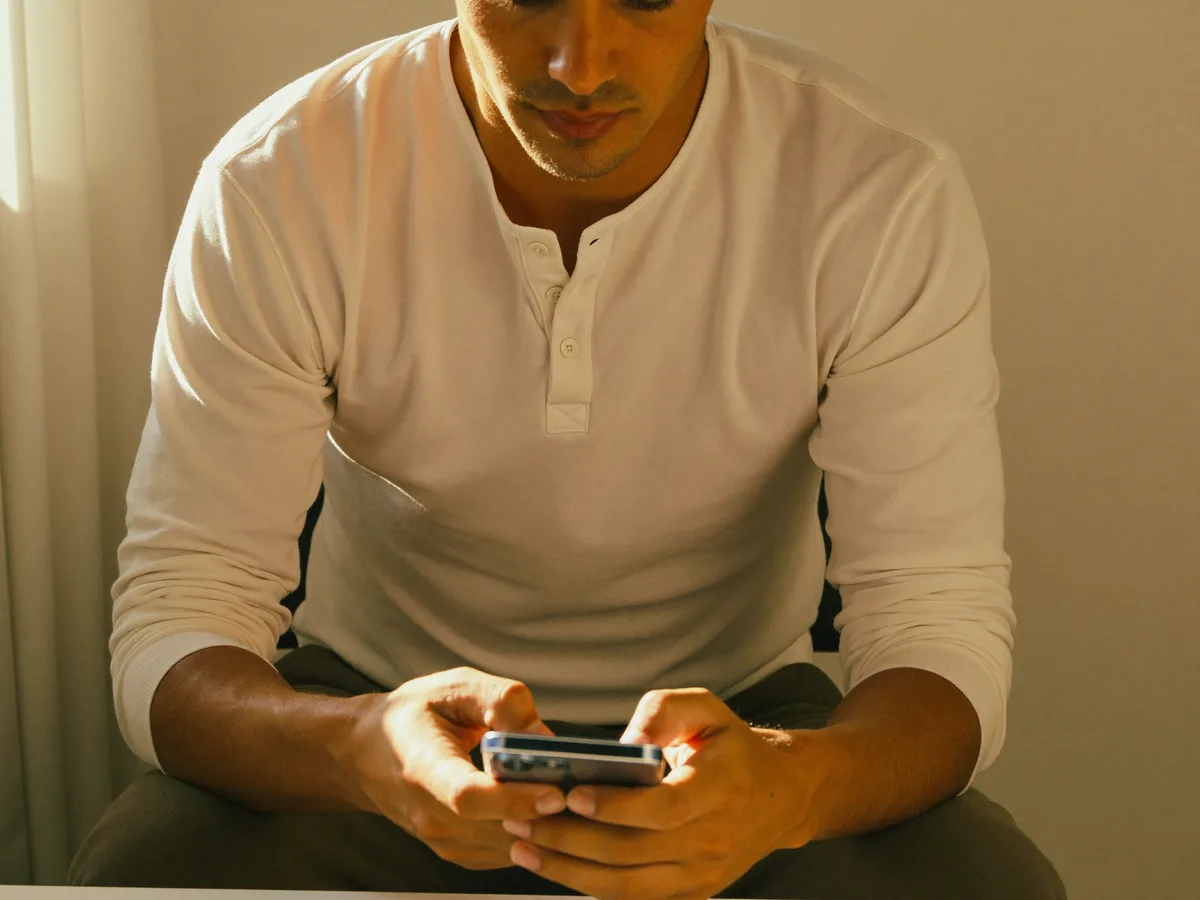 Man looking at phone screen, filling in a quick form, warm light