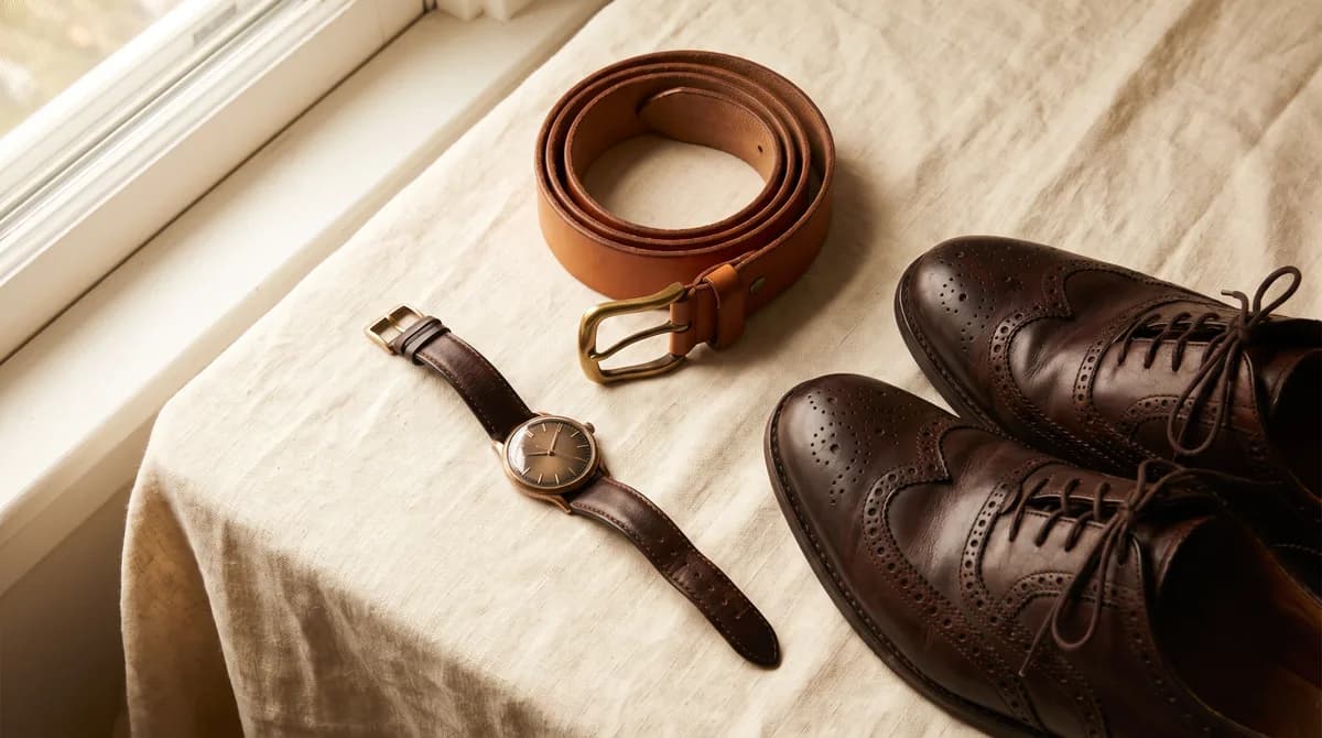 Men's accessories flat lay - leather belt, watch, and oxford shoes on warm neutral surface