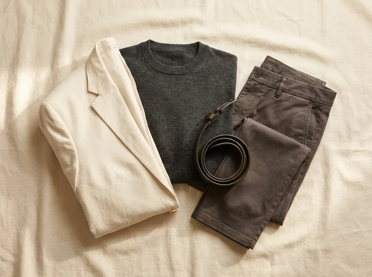 Color swatches of navy, grey, camel, and warm taupe arranged on editorial warm background