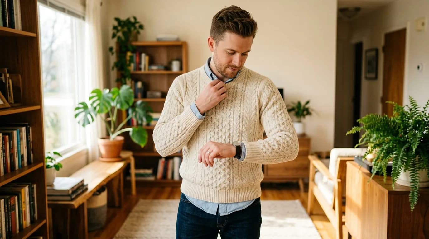 Man dressed in sharp casual outfit - coordinated knit and chinos - checking watch, morning light