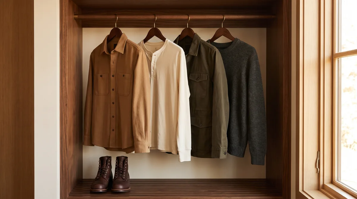 Organised wardrobe rail with well-spaced garments in coordinated neutral tones