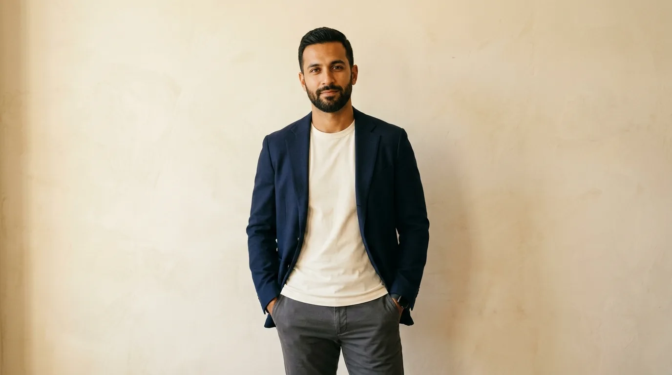 Man in well-tailored navy blazer and slim chinos, confident posture, warm editorial light